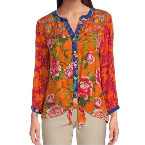 John Mark Plus Top 2X Split V Neck 3/4 sleeve Tie Front Orange Floral NEW $109 - Picture 6 of 10